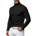 Men slim fit mock turtleneck long sleeve t-shirt casual solid black basic layering top wear. - Black