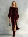 Elegance velvet off-shoulder midi dress with lantern sleeves, side slit and chic gold buttons. - S / Burgundy
