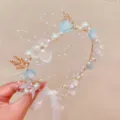 Children fairy pearl floral crown headband with cute bow, perfect for wedding flower girl. - 4# Blue Pearl Floral