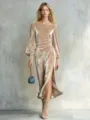Exquisite velvet long sleeve detail with chic side slit and button accents for elegance. - S / Champagne Gold