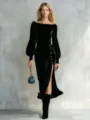 Elegant black velvet off-the-shoulder midi dress with lantern sleeves and a chic side slit. - Black