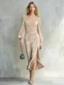 Elegant champagne velvet off-shoulder long dress with lantern sleeves and side slit. - Apricot