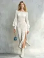 Stunning off-shoulder velvet maxi dress detail, featuring elegant lantern sleeves and side slit. - White