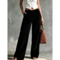 Black corduroy wide-leg pants for women, high-waisted casual trousers with pockets. - S / Bottoms / Black