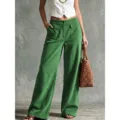 Green corduroy wide leg pants for women, high waist retro casual trousers with pockets SKU - S / Bottoms / Green