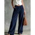 Dark blue corduroy wide leg pants for women, high waist casual trousers variant style. - S / Bottoms / Navy Blue
