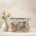 Vintage sewing machine print canvas cosmetic bag large capacity zipper pouch storage detail view - Purple Embroidery (05)