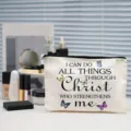 Canvas cosmetic makeup bag featuring inspirational verse print and zipper closure for daily use. - Scripture Butterfly