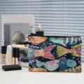 Canvas cosmetic bag with colorful artistic fish pattern, large capacity zipper makeup pouch. - Abstract Fish