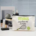 Leinwand Kosmetiktasche mit Tennisdruck, langlebige Reißverschlusstasche für Make-up und Reisen. - Weiß - Tennis Thema