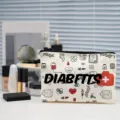 Detail view of canvas makeup pouch with medical doodle print and secure zipper closure. - Medical Graffiti