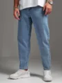 Detail view of men light blue straight fit denim jeans, showing premium fabric texture. - S / Bottoms / Blue