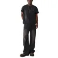 Detailed view of dark gray washed loose straight jeans and matching tee, distressed finish. - S / Bottoms / Black