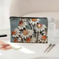 Canvas cosmetic bag with elegant floral jewelry print zipper pouch travel makeup organizer - 05 (Floral Brooch)