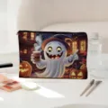 Detail view of the Halloween ghost print cosmetic bag, featuring large capacity and soft fabric. - Purple Embroidery (05)