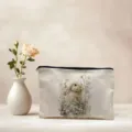 Linen makeup bag detail showing cute watercolor rabbit print and smooth black zipper closure. - Little Rabbit and Flowers (05)