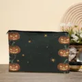 Detail view of Halloween pumpkin print cosmetic bag, dark zipper pouch with starry night. - Star Pumpkin (04)