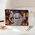 Halloween ghost print canvas makeup bag detail shot, portable cosmetic storage pouch. - 04