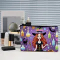 Schattige cartoon heks print cosmetische tas, grote capaciteit draagbare make-up etui. - Groene en Blauwe Borduring (03)