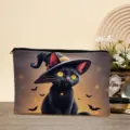 Close-up view of Halloween black cat witch hat makeup pouch with zipper detail and bats. - Black Cat (03)
