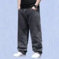 Casual loose fit denim trousers detail shot, showing vintage washed black texture and wide leg style. - 28 / Bottoms / Gray