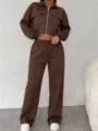 Brown zip crop top and high waist wide leg pants set, casual streetwear two piece outfit. - S / Top And Bottom / Coffee