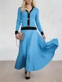Blue knit cardigan and pleated maxi skirt two-piece set for women, elegant long sleeve outfit. - S / Top And Bottom / Sky Blue