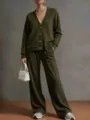 Detailed view of casual olive green V-neck knit cardigan and wide-leg trousers outfit. - S / Top And Bottom / Army Green
