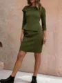 Detail view of the olive green peplum dress featuring an asymmetric capelet collar and 3/4 sleeves. - S / Dresses / Olive