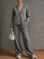 Detailed view of women's autumn winter solid color V-neck cardigan and loose wide leg pants set. - S / Top And Bottom / Gray