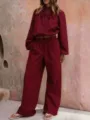 Stylish maroon two-piece casual tracksuit set featuring a crop zip top and wide-leg trousers. - S / Top And Bottom / Burgundy