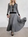 Grey knit cardigan pleated skirt two-piece set elegant autumn women outfit detail view - S / Top And Bottom / Silver Gray