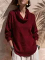 Women's burgundy cowl neck long sleeve loose knit sweater with double curved hem. - S / Tops / Burgundy