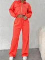 Orange zip-up cropped jacket and high-waist wide leg pants casual two piece set for women. - S / Top And Bottom / Orange Red