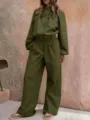 Detailed view showcasing the stylish olive green casual jacket and matching wide-leg trousers. - S / Top And Bottom / Army Green