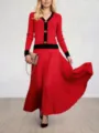 Detailed close-up of a chic red knit cardigan and pleated skirt set with a stylish handbag. - S / Top And Bottom / Red
