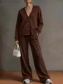 Brown V-neck knit cardigan matching wide-leg pants two piece set detail view fashion. - S / Top And Bottom / Coffee