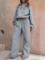 Detail view of light blue casual tracksuit jacket and wide leg pants set street style. - S / Top And Bottom / Silver Gray