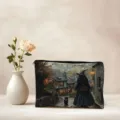 Linnen cosmetisch tasje met vintage heksenprint, grote rits etui voor dagelijkse opberging. - Heks Zwarte Kat Dorp (03)