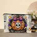 Canvas makeup bag travel cosmetic pouch featuring Halloween pumpkin print and custom name design detail. - 02