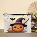 Cute Halloween pumpkin print canvas zipper cosmetic bag, portable makeup pouch for travel. - Pumpkin Bat (02)