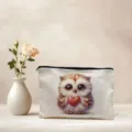 Gedetailleerd overzicht van een canvas cosmetictasje met uilprint voor dagelijks gebruik. - Uil die Hart Vasthoudt (01)
