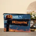 Halloween makeup bag detail showing spooky pumpkin scarecrow print design and smooth black zipper. - Style 02