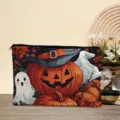 Halloween pompoen spook canvas cosmetische tas detailweergave, schattige make-up etui. - Mat Zwart (01)