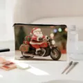 Close-up detail of the Christmas Santa Claus motorcycle print cosmetic bag on white table. - Motorcycle Santa Style