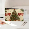 Vintage Christmas tree print cosmetic bag, large capacity canvas zipper makeup pouch for travel. - Purple Embroidery (05)