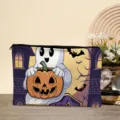 Halloween ghost pumpkin print cosmetic bag detail, retro beige zipper pouch and pencil case. - 01