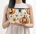 Gedetailleerd overzicht van herfst Halloween canvas cosmetische tas, handige make-uptas. - Mat Zwart (01)