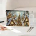 Grand sac de maquillage arbre de Noël, pochette de rangement en polyester pour voyage. - Broderie Verte et Bleue (03)