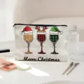 Jolie trousse de maquillage en toile imprimée verres de Noël, vue détaillée voyage. - Broderie Verte et Bleue (03)
